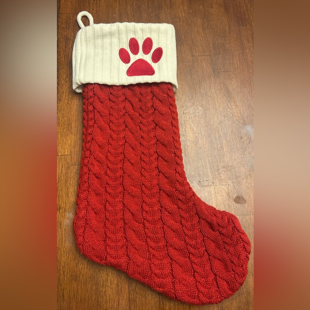 Red Cable Knit Christmas Stocking with Paw Print
